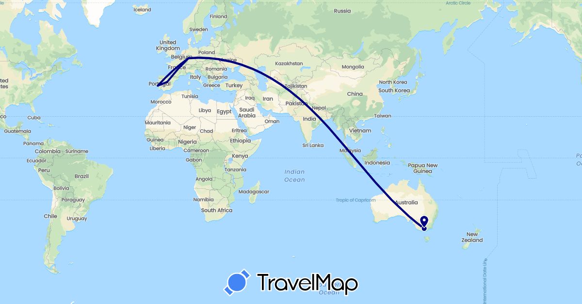 TravelMap itinerary: driving in Australia, Germany, Spain, Portugal, Singapore (Asia, Europe, Oceania)